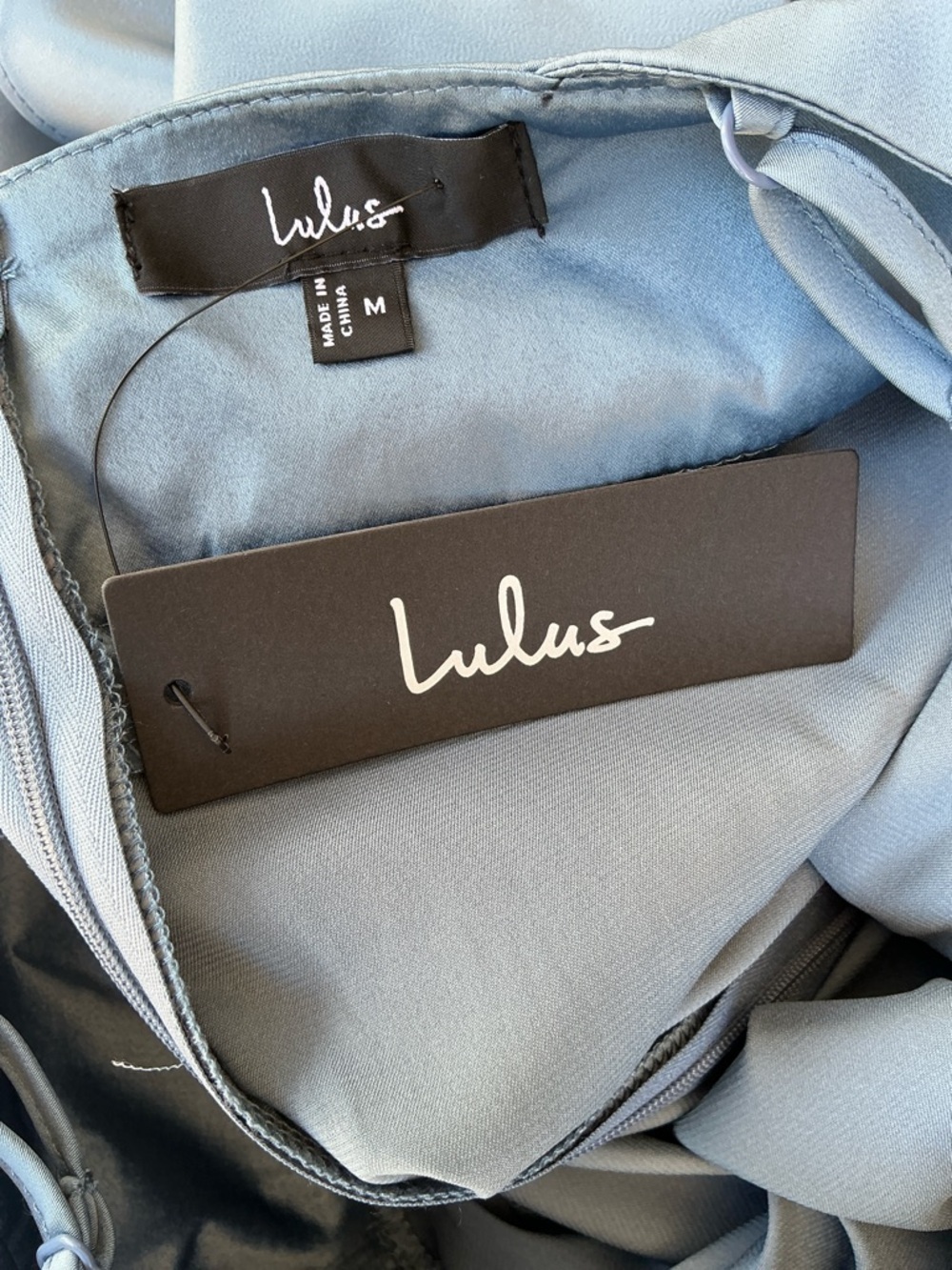 NWT Lulu’s Going with Elegance Slate Blue Satin Tiered Maxi Dress Medium Party - Picture 10 of 10